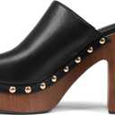 Oiamenne Womens Platform Clogs Mules Chunky High Heeled Sandals Round Toe Slip On Slides Rivet Studded Heels for Women Casual Comfy Shoes (Black, 8)