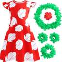Hawaiian Little Girls Costume Dress with Luau Flower Leis Accessories Flower Hair Clip Toddler Halloween Party Cosplay Outfit (5-6 Years, Red)