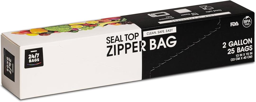 24/7 Bags- 2 Gallon Food Storage Bags, 25 Count, Double Zipper Seal, 2.5 Mil Thick, Easy Grip Open Tabs, Write-On Space, BPA-Free, Microwave Safe, Non-StandUp