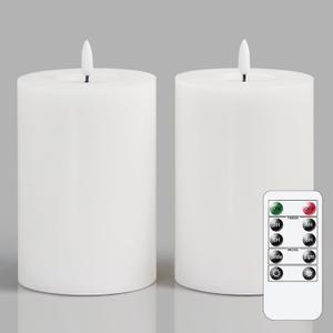 Flameless Flickering 4" x6" Real Wax White Remote Candles with Candle Grease, Pack of 2 Timer LED Battery Operated Fake Warm Light Pillar Candles for Home, Banquet, Ceremony Decoration