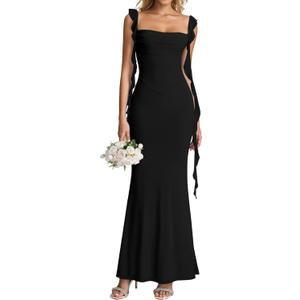 KUTUMAI Elegant Long Formal Wedding Guest Dresses for Women Ruffle Bodycon Cocktail Party Maxi Dress (Large, Black)
