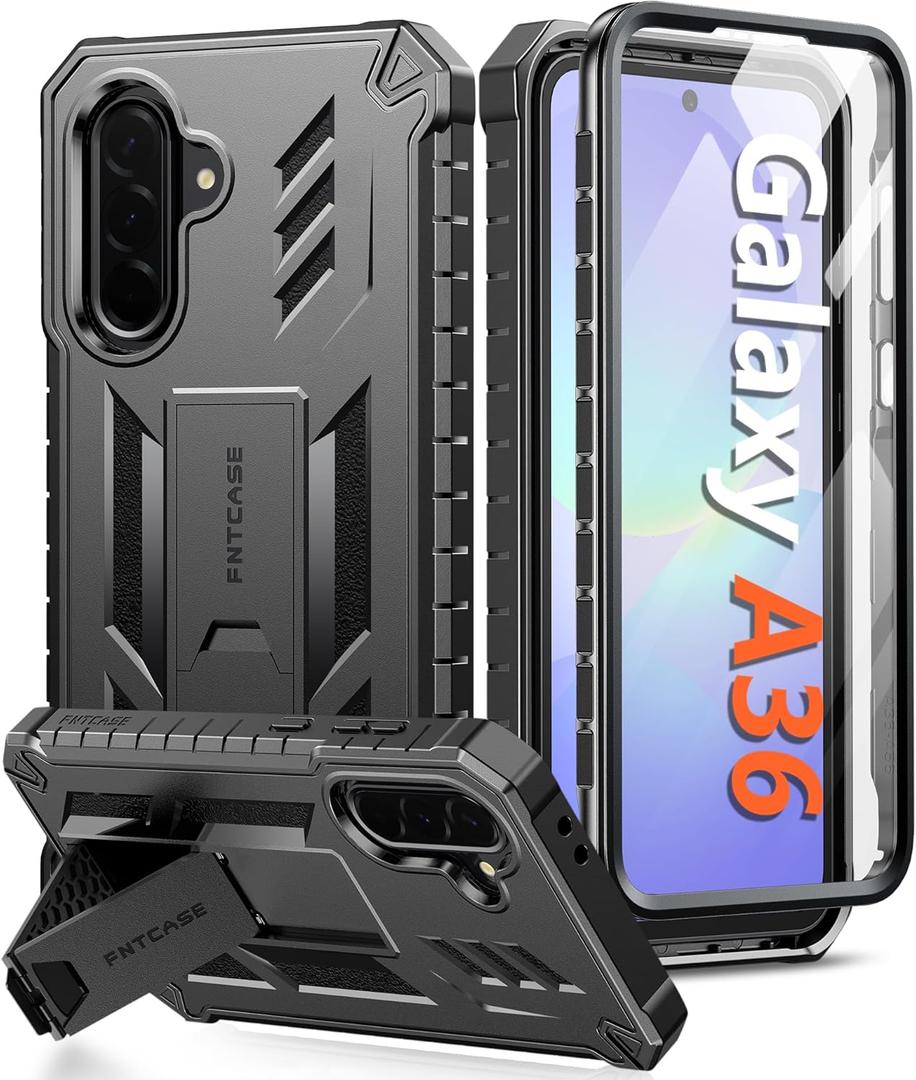 FNTCASE for Samsung Galaxy A36-5G Case: for Galaxy A56-5G Case with [Built-in Screen Protector & Kickstand] [Military-Grade Drop Protection] Heavy Duty Protective Full Body Shockproof Rugged Black | Military Grade, Mobile Cover, with Kickstand, Textured Rugged, Shockproof