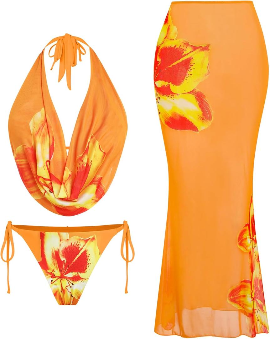 ZAFUL Women's 3 Piece Floral Swimsuit Draped Neck Halter Bikini Tie Side Bathing Suit with Sheer Cover Up Skirt (Orange, XL)