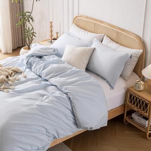 Yibeizi Light Blue 100% Washed Cotton Linen Like Duvet Cover Set Queen Size, 3 Pieces, 1 Duvet Cover 90x90 Inches and 2 Pillow Shams, Soft Breathable Comforter Covers Zipper Closure