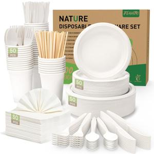FEHHTO 400PCS Compostable Paper Plates Set, Disposable Eco-friendly Dinnerware Set, Biodegradable Heavy-Duty Paper Plates, Utensils, Cups and Straws for Party Camping 50 (White)