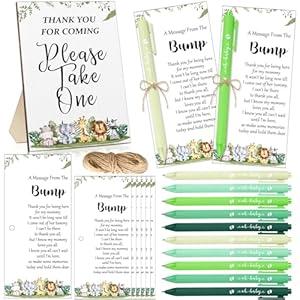 Sintuff 50 Set Baby Shower Favors for Guest 1 Thank You for Coming Sign 50 Ballpoint Pens 50 Thank You Cards with Twine Baby Shower Return Gifts for Gender Reveal(Green Series, Animals)