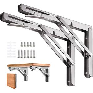 Folding Shelf Brackets Stainless Steel 16 inch 2 Pcs Max Load: 350 lb - Heavy Duty DIY Wall Mounted Collapsible Shelf Bracket, Space Saving for Garage Workstation, Stuff Supports, Table, Workbench