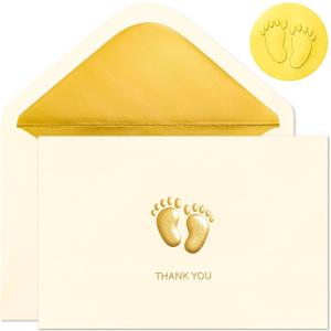Crisky Embossed Footprint Baby Shower Thank You Cards 50-Pack 4x6 Inch - Heavy 300gsm Cardstock with Gold Foil Envelopes & Stickers for Baby Shower/Birthday