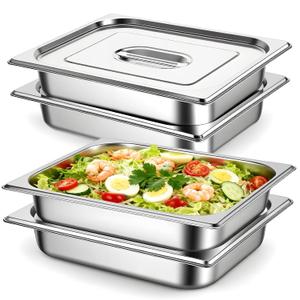 SHENLIU 4 Pack Hotel Pans with Lids, 2.5" Deep Stainless Steel Steam Table Pan 1/2 Size Anti-Jam Steam Pan Commercial Table Catering Storage Food Pans Buffet Warmer