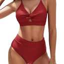 Sucrefas Women's High Waisted Bikini Set Two Piece Twist Knot Swimsuit Criss Cross Bathing Suit Burgundy S