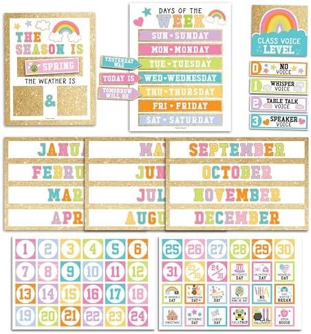 Classroom Calendar Set Bulletin Board Decor – School Calendar For Classroom Elementary & Preschool, Bulletin Board Decorations With Weather Chart & Seasons, Pastel