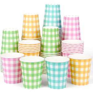120pcs 9oz Summer Colored Paper Cups Gingham Party Paper Drinking Cups,4 Colors Disposable Plaid Paper Cups Pink Blue Yellow Green Plaid Cups for Wedding Birthday Decoration Baby Shower Picnic