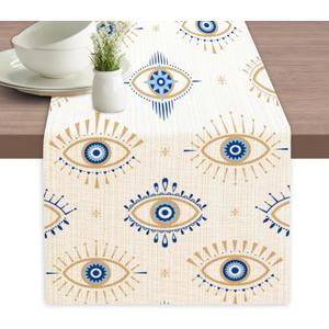 Evil Eye Pattern Table Runner Dresser Scarves Seasonal Linen Tablerunner for Indoor Outdoor Kitchen Home Party Holiday Dining Table Decor 13 X 70 Inch