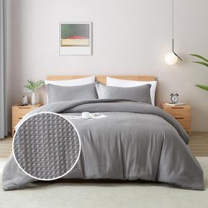 BOLINLIVING Waffle Weave Duvet Cover Queen Size, 3PCS Microfiber Duvet Cover with 2 Pillow Shams, Grey Textured Soft Comforter Cover for All Season with Zipper Closure and Corner Ties
