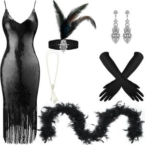 Tisancy 7 Pcs 1920s Women's Flapper Dress Sequin Dress Costume Headwear Earring Necklace Glove Stick Set and Long Feather Boa (Black, XS)