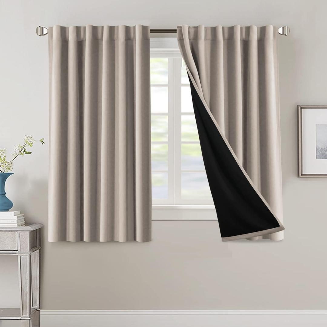 H.VERSAILTEX 100% Blackout Curtains for Bedroom with Black Liner Full Room Darkening Curtains 54 Inch Long Thermal Insulated Back Tab/Rod Pocket Window Drapes for Living Room, 2 Panels, Natural Sand