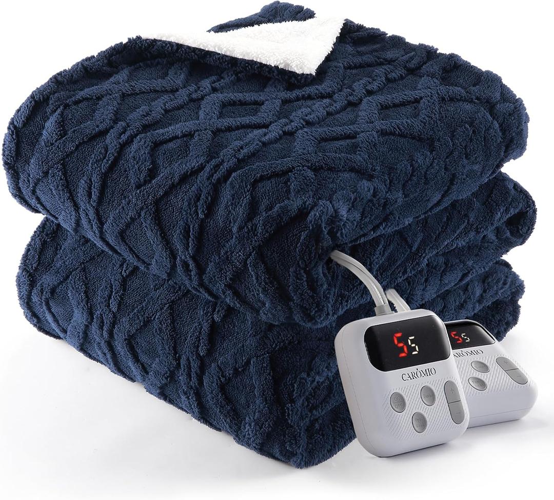 CAROMIO Electric Blanket King Size Dual Control - Thick Tufted Sherpa Heated Blanket King with 10 Heating Levels and 10 Time Settings, ETL Certified Fast Heating Blanket King Size 90"100", Navy Blue (King 90"x100")