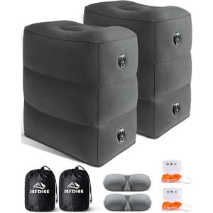 JefDiee Inflatable Foot Rest Pillow, Kids Airplane Bed, Adjustable 3 Layers Height Leg Rest Pillow, Airplane Travel Essentials Great for Airplane, Office, Home, Trains, Cars (Dark Grey-2pack)