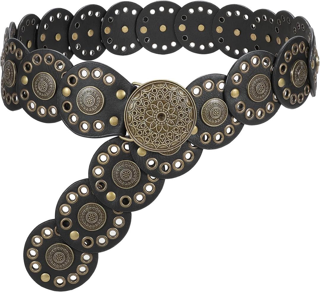 WHIPPY Western Belts for Women Vintage Disc Waist Belts Concho Leather Belts Boho Waist Belt for Dress Jeans (Fit Waist Size Below 43", Black(Bronze Buckle))