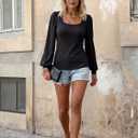 Womens Puff Long Sleeve Tops Square Neck Ribbed Knit Slim Fit Blouse Basic Tee Tops Elegant T Shirts (XL)