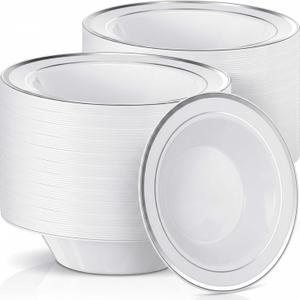 Jinei 150 Pieces 6 oz Plastic Bowls with Rim Small Disposable Soup Bowls for Dessert Salad Soup Candy Wedding Thanksgiving Catering Holidays Party Supplies (White, Silver Rim)