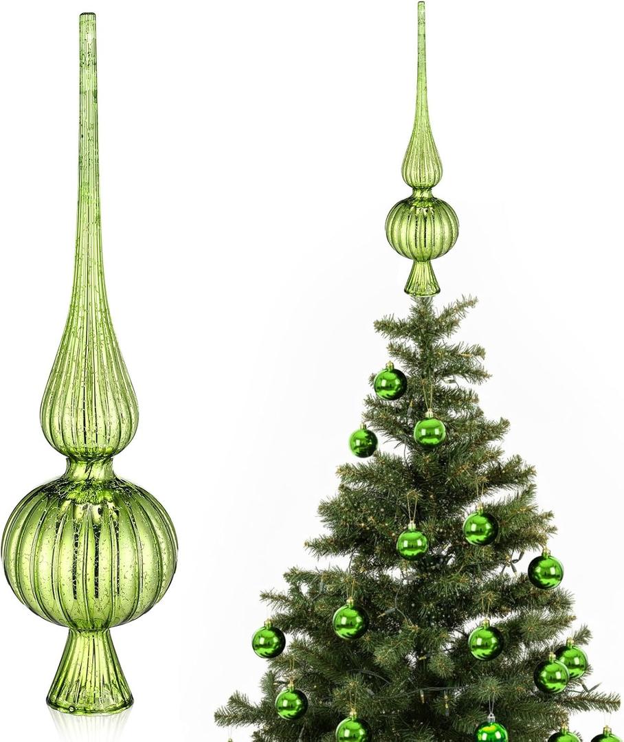 Gejoy Mercury Glass Finial Christmas Tree Topper Vintage Lime Green Spherical Ornaments Blown Glass Xmas Tree Topper Finials Mid Century Holiday Indoor Suitable for Party Decoration, 9.8inches