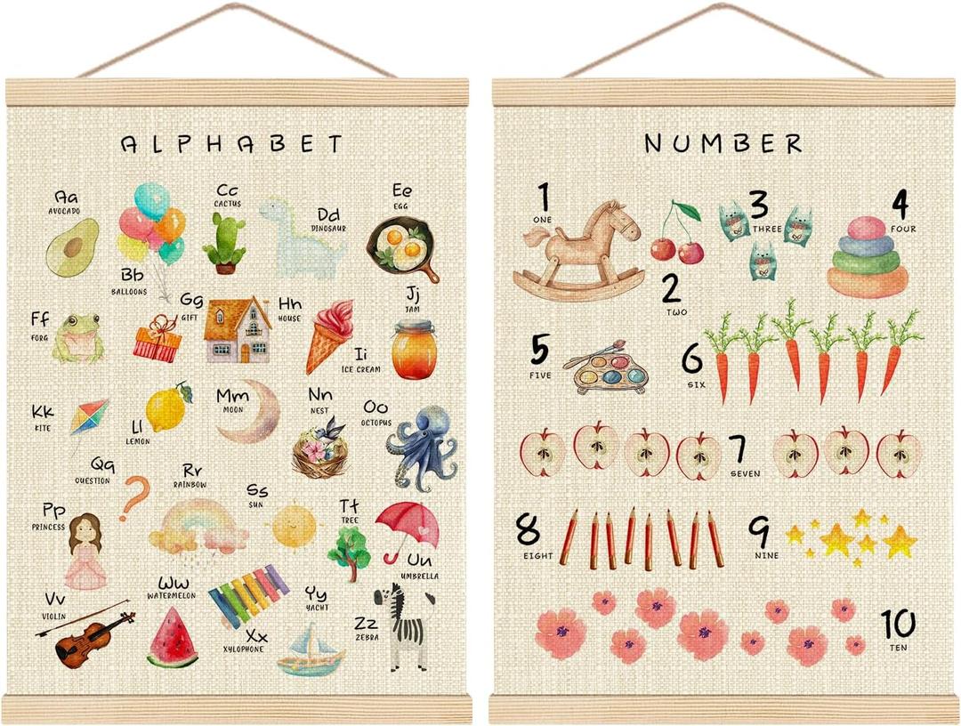 HKTZM Alphabet Wooden Poster Number Poster 12.5x17 Inch,Alphabet Wall Hanging Poster Educational Posters Toddler Learning Posters For Classroom Nursery Kindergarten Decor Set Of 2