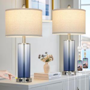 26" Coastal Blue Glass Table Lamps Set of 2, 3-Way Dimmable Touch Control Bedroom Lamp with USB C+A Ports & AC Outlet, Elegant Living Room Lamp, Nautical Bedside Lamps for Nightstand Side End Table