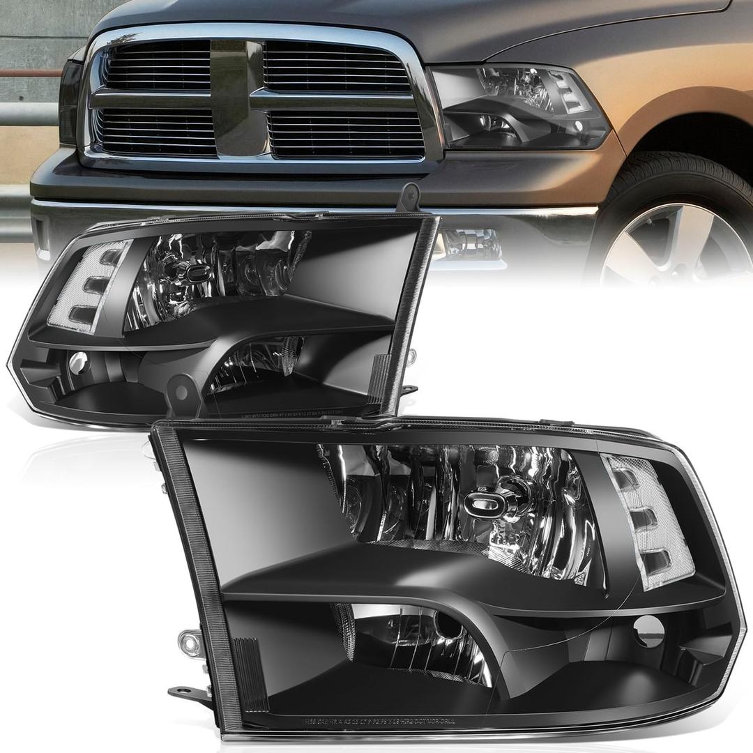 Auto Dynasty Quad Headlights Assembly Compatible with 2009-2010 Dodge Ram 1500 2500 3500, 2011-2018 Ram 1500 2500 3500 4500 5500, Halogen Headlamps Replacement, Black Housing Clear Corner (OEM Style, Black / Clear)