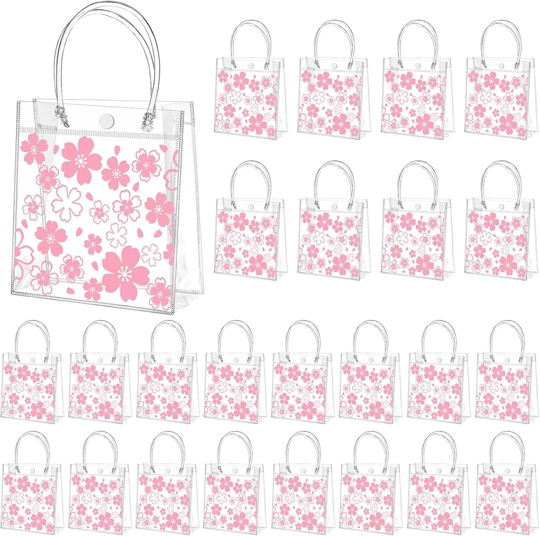 Tioncy 24 Pcs Cherry Blossom Clear PVC Gift Bags with Handle Transparent Sakura Goodie Treat Bags Cherry Blossom Party Favor Return Gift Wrap Tote for Snack Wedding Birthday Supplies, 8 x 8 x 3.15''