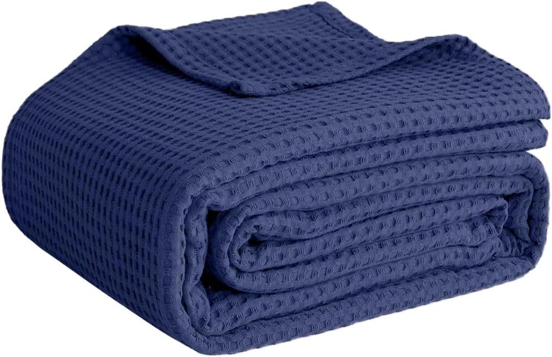 100% Cotton Blankets for Bed - Waffle Weave Blankets for Summer, Lightweight and Breathable Soft Woven Blanket for Spring (Navy, Queen (90" x 90"))
