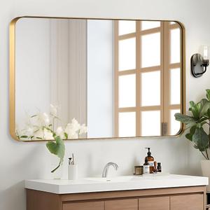 Brushed Gold Mirror 40x30 inch, Gold Deep Frame Bathroom Mirror for Wall, Rounded Rectangle Mirror for Vanity, Tempered Glass, Anti-Rust, Hangs Horizontally or Vertically