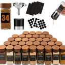 Yangbaga 34Pcs Glass Spice Jars with Labels-4oz Acacia Wood Lid Square Spice Containers with Pepper Grinder Lids &Funnel,Seasoning Jars for Rack Cabinet Drawer