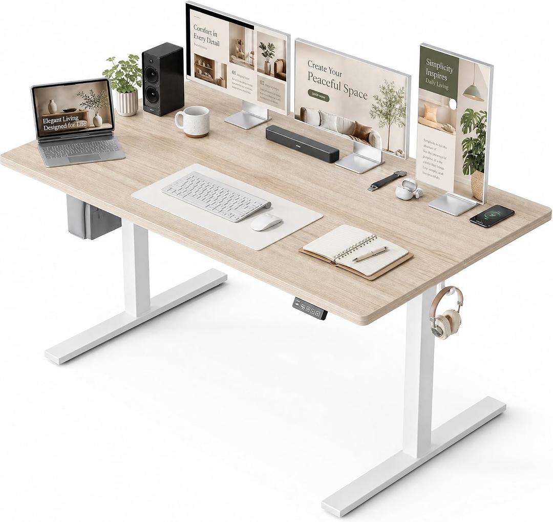 47x32 Large Electric Standing Desk, Height Adjustable Computer Desk with 2 Memory Presets, 31.5" Deep Desktop Sit Stand Desk Home Office Desk Workstation Table with Hooks, Light Walnut, 47.2*31.5 Inch