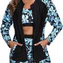Women's 3 Piece Long Sleeve Rash Guard with Built in Bra Zip Swim Shirt with Pocket and Shorts UPF50+ Swimsuit (XX-Large, Light Blue Flower)