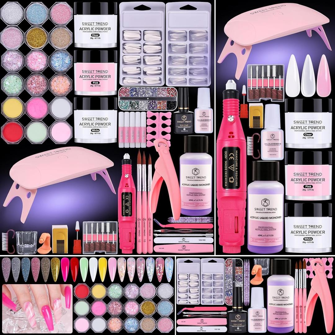 Acrylic Nail Kit for Beginners: Professional Acrylic Powder Set with Everything for Starter - U V Light Nail Drill and Liquid - Full Tools Decoration Tech Gifts for Home Salon Women