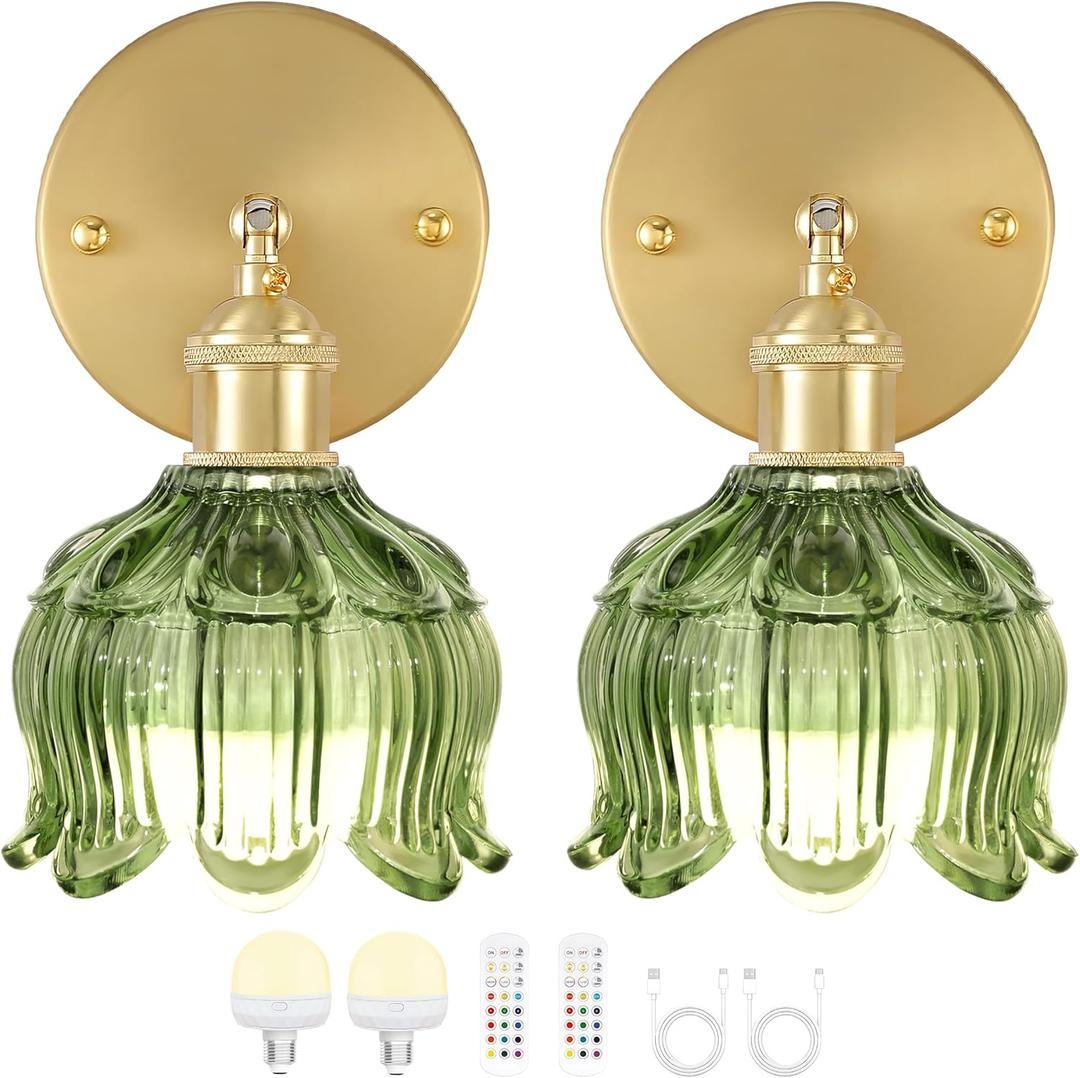 Wireless Wall Sconce with Flower lampshade, Battery Operated Wall Lights,Wall lamp with 15 Colors for Bedroom Living Room Home Decor (Green, 2 Light Battery Operated)