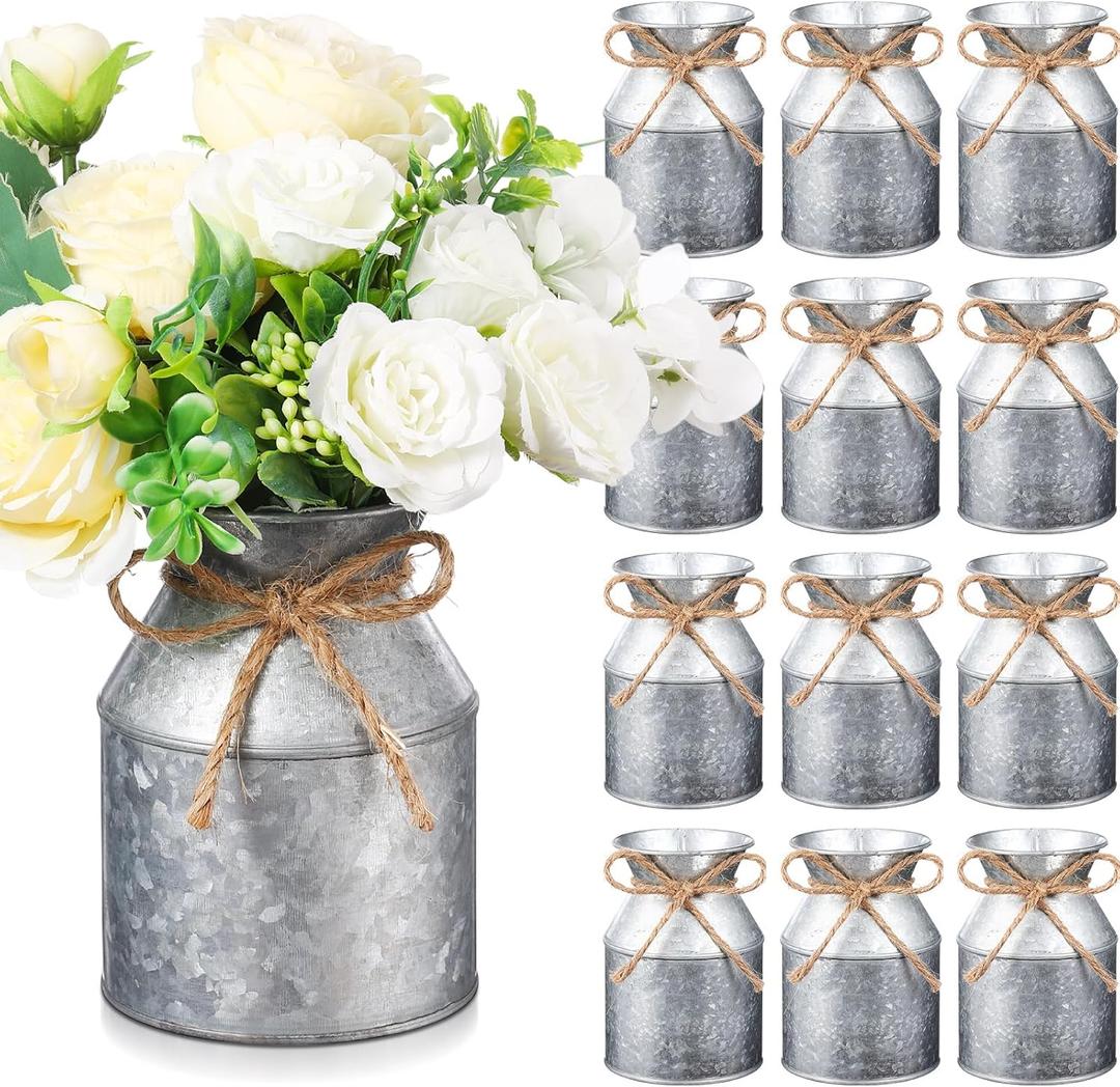 Domensi 12 Pcs Farmhouse Metal Flower Vase Wedding Decor Bulk Rustic Galvanized Milk Can Jug Vase with Bow Flower Bucket for Table Centerpiece Valentine Home (5.12 Inch,Iron Color)