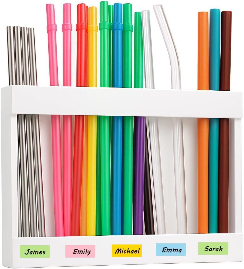 Acrylic Straw Holder for Cabinet Doors - No Drill Adhesive Organizer with Strong Tape Transparent Kitchen Dispenser for Tumbler Straws, Space-Saving Countertop Storage (White)