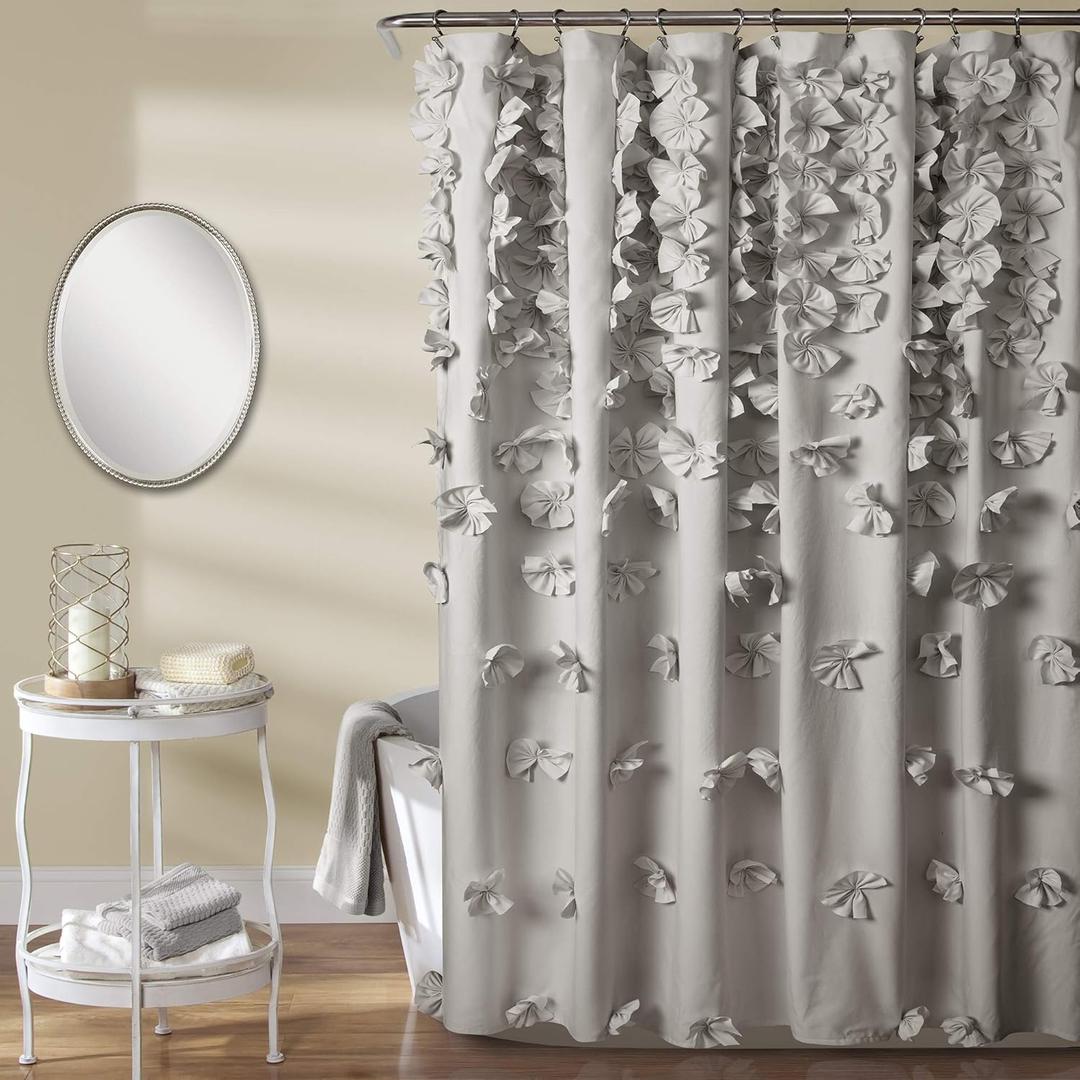 Lush Decor Riley Shower Curtain, 72" W x 72" L, Light Gray - Bathroom Curtain - Coquette Decor - Bow Shower Curtains - Cottage Core - Fabric Shower Curtains
