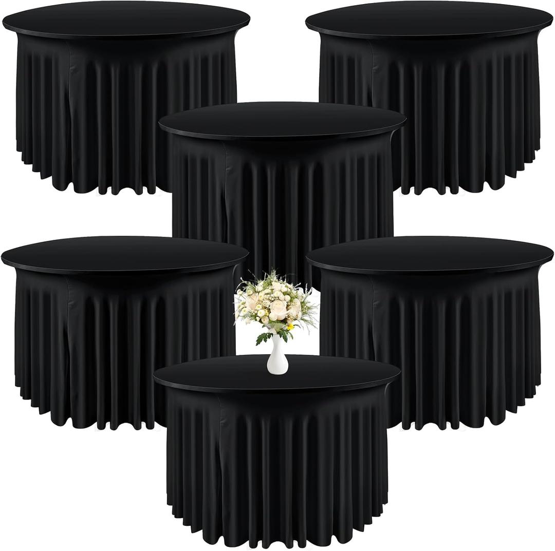 Preboun 6 Pack 5 Ft/ 60 Inch Spandex Round Tablecloths Wrinkle Free Stretchy Round Table Clothes for Round Table Tablecloth with Skirt for Party Wedding Home Decoration Parties Banquet (Black)