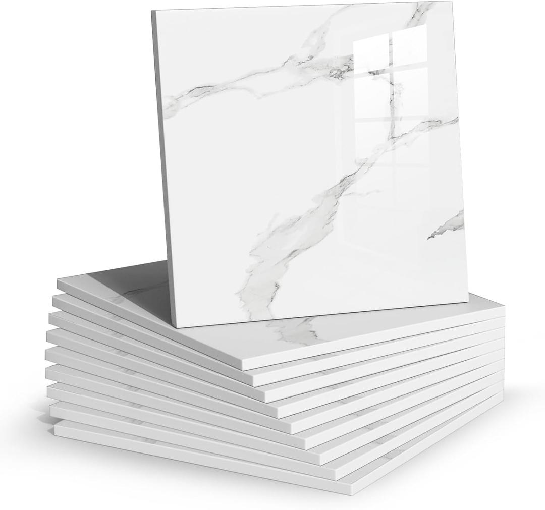 Chejiaye Thick 10pcs Marble Peel and Stick Backsplash Surface Waterproof Wall Panels,Self-Adhesive Marble PVC Foam Wall Panels for Kitchen,Bathroom-11.8"x11.8" Kitchen Tile(Not Real Tiles,White Grey)
