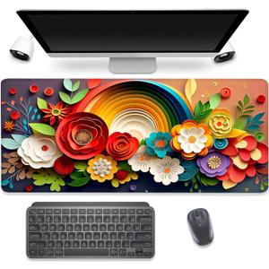 Rainbow Spring Flowers Desk Pad Mouse Pad, Floral Prints Extended Large Gaming Mouse Mat with Stitched Edges, Non-Slip Waterproof Rubber Base Mousepad for Office Work Home Desk Mat (27.5X11.8 in)
