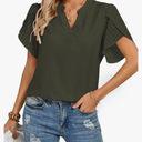 Kate Kasin Womens Dressy Blouses Summer Puff Petal Short Sleeve Shirts V Neck Business Casual Work Tops, Army Green, XXL