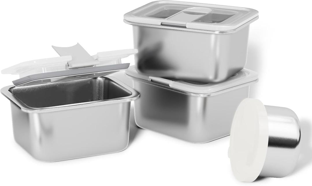 Bakpoco Stainless Steel Snack Lunch Containers for Kids, 3 Packs 12 oz Leak-Proof Lunch Box Containers, Microwave-Safe, Convenient Metal Small Food Storage Container with Lid for School, Work (4-1 Silver)
