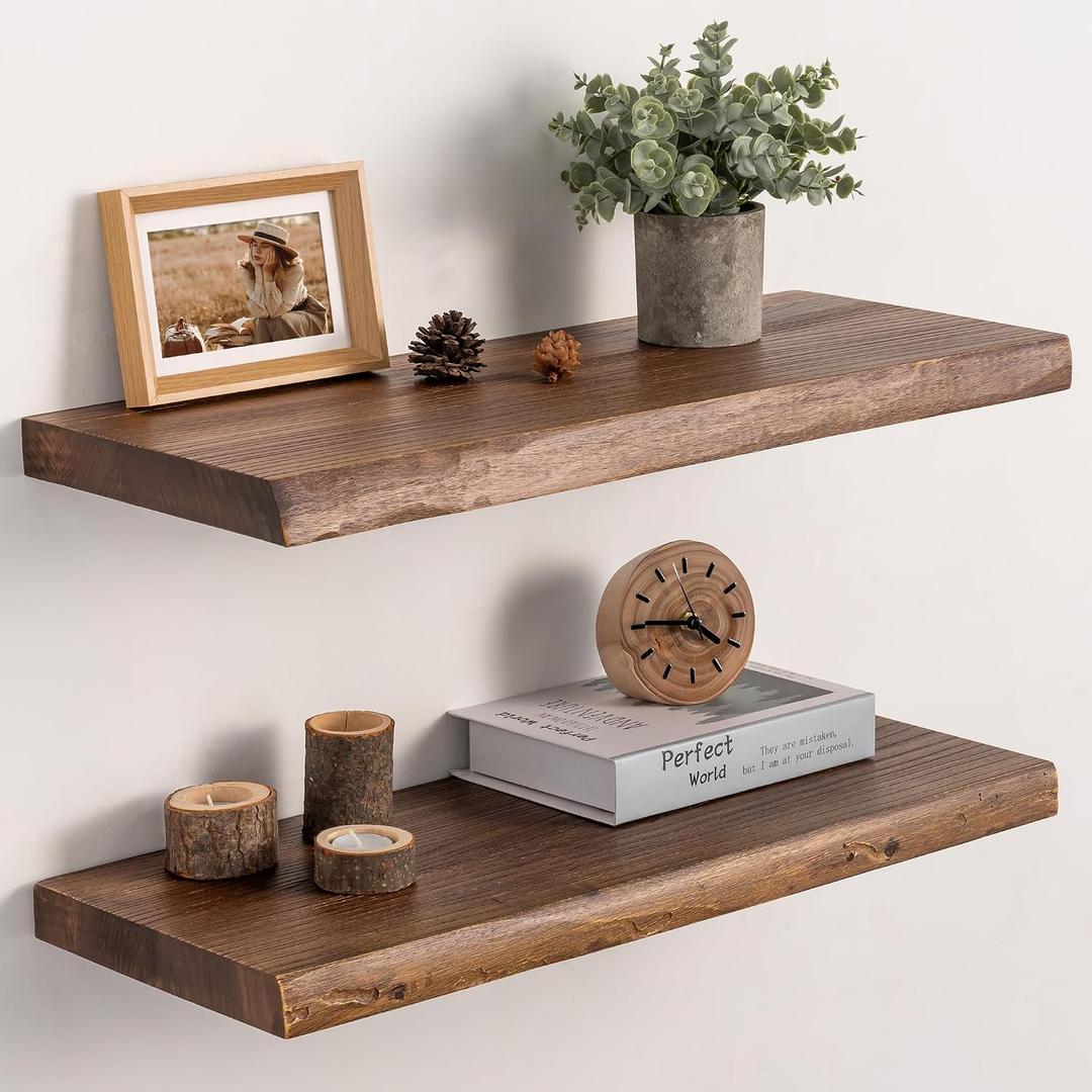 24 Inch Floating Wall Shelves Solid Elm Wood Set of 2 | Vintage Live Edge Wood Grain, Heavy Duty Hidden Brackets, Wall Decor For Living Room, Bedroom, Kitchen & Bathroom, Smoke Vintage, 24"L, 2-Pack