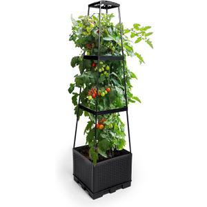 GENMOUS 3 Tiered Tomato Planter with Trellis for Small Climbing Vegetables Growing Plants, 45” Raised Garden Bed Planter Box Tomato Cage Tomato Planters for Patio Indoor Outdoor Vegetables （1 Pack）