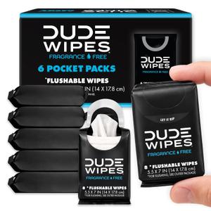 DUDE Wipes Unscented Pocket Packs - Travel Wipes - 6 Packs of 8 (48 Count) - On-The-Go Adult Flushable Wipes for Sensitive Skin - Infused with Vitamin E and Aloe - Septic and Sewer Safe