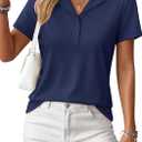 YUCOLEN Polo Shirts for Women Short Sleeve Lapel Collared 3 Button V-Neck Work Cotton Blend Casual Summer Tops (Blue, M)