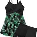 Girls Swimsuits Criss Cross Tropical Print Mesh Dress Bathing Suits with Shorts 2 Piece Tankini for Teens (15-16 Years, Black+Green)